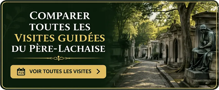 Bouton illustré invitant à comparer toutes les visites guidées du cimetière du Père-Lachaise à Paris.